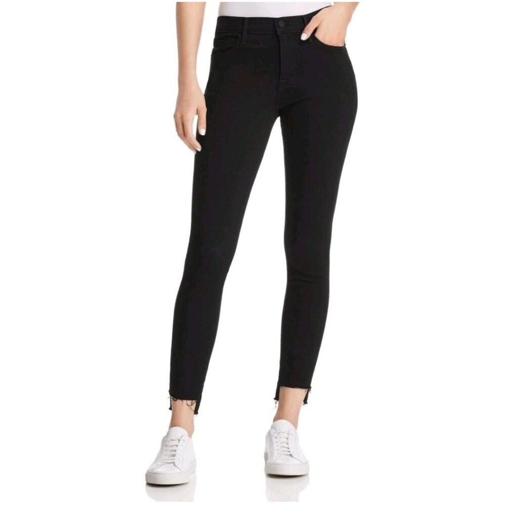 Frame Denim Le Skinny de Jeanne Black Mid-Rise Ripped Raw Hem Jeans Womens Sz 25